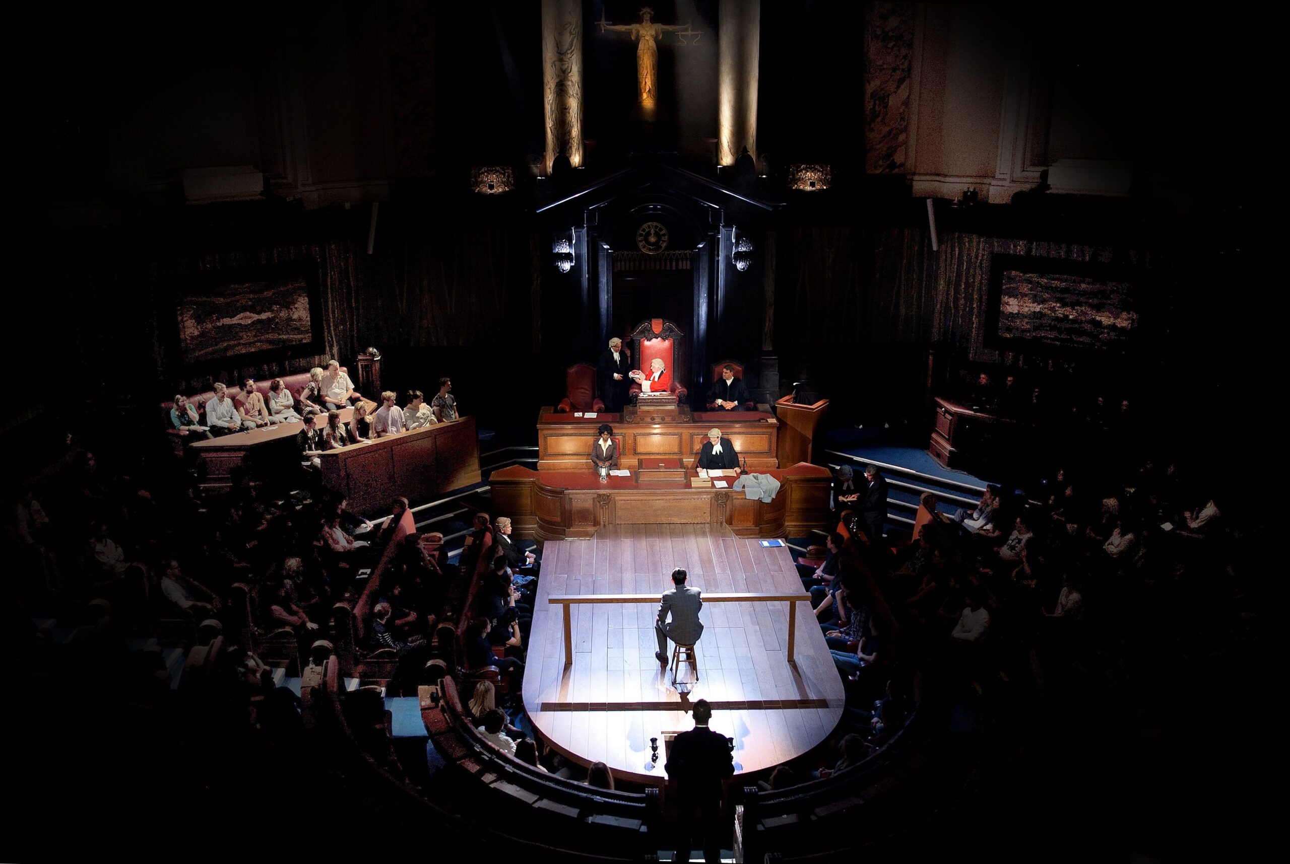 Scenebilde fra rettsdramaet "Witnes for the Prosecution".